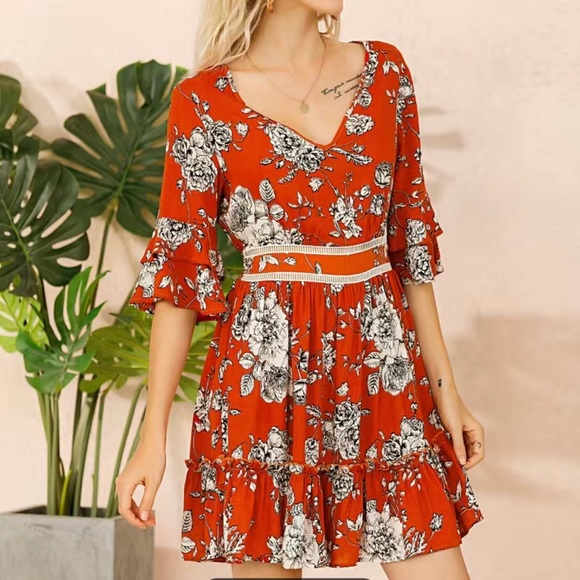 Women Boho Dress Medium M Orange White Floral Hem Ruffled Backless Elastic Waist - Picture 2 of 16